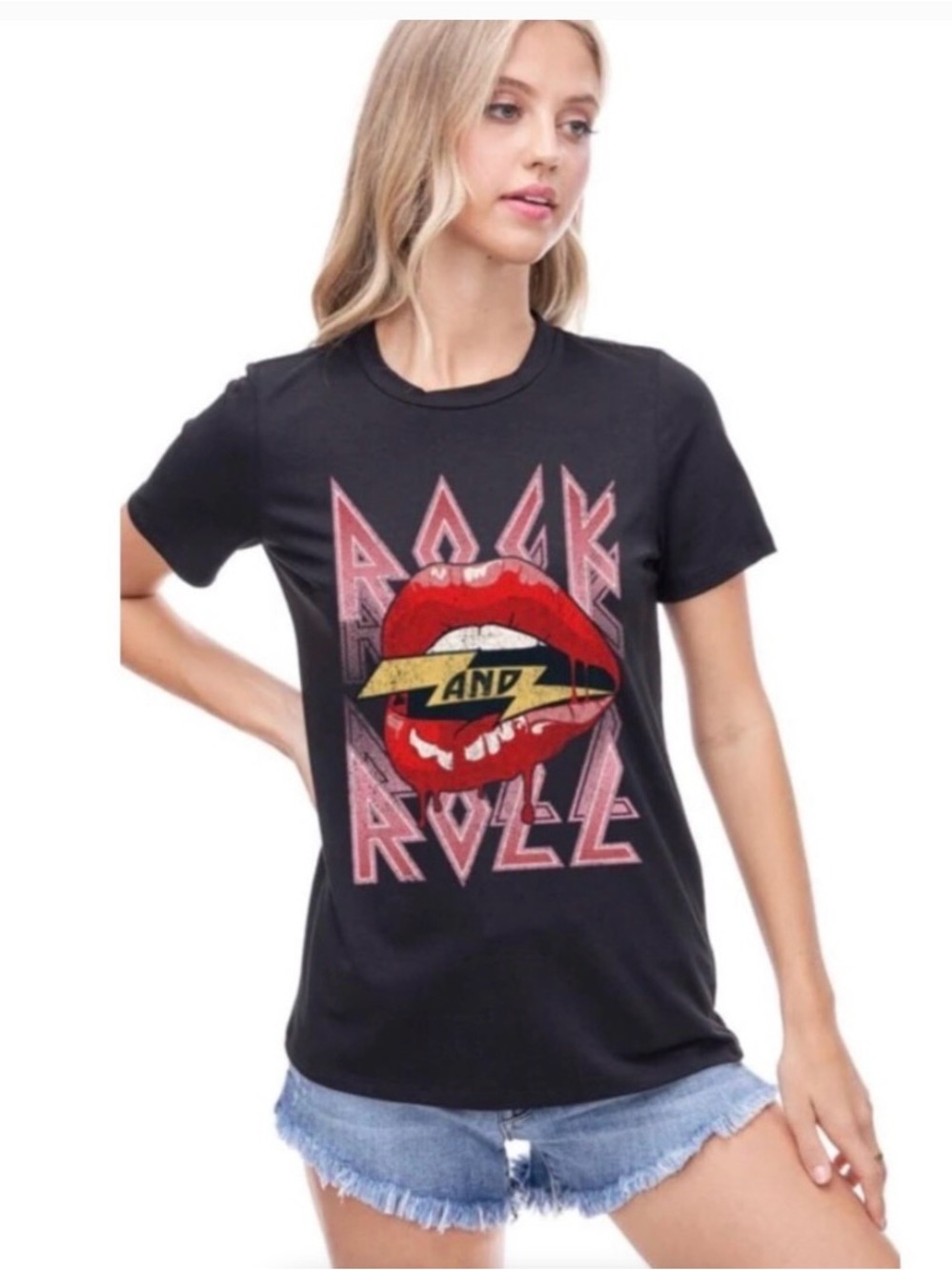 Zutter Women’s Short Sleeve 'Rock and Roll' Graphic Tee with Red Lips ptp 23